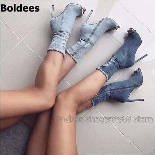 Retro Stylish Ripped Blue Jeans Boots Woman Mid-calf Thin High Heel Dress Shoes Peep Toe White Black Sandal Boots