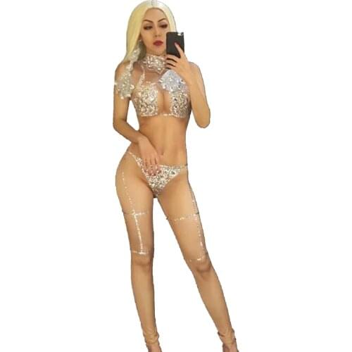 Sparkly Crystals Rhinestones Nude Jumpsuit Women Sexy Performance Costume Bodysuit Female Singer Dancer Nightclub Party Oufits