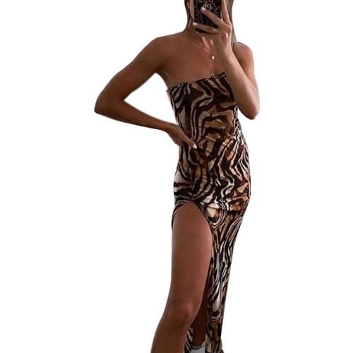 Fashion Leopard Print Sexy Dress Sleeveless Strap Summer One-shoulder Dresses High Split Evening Party Bodycon club Vestidos