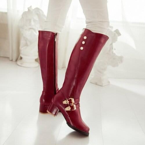 31-52 Good Quality Leather Knee High Boots 5cm Square Heels Autumn Winter Riding Boots Female Shoes Woman Fashion Rivets Buckle