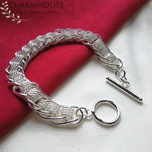 Charmhouse 925 Sterling Silver Bracelets For Women Lady 12mm Width Link Chain Bangle Bracelet Wristband Pulseira Fashion Jewelry