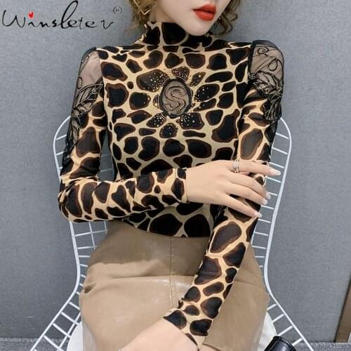 Spring Fall T-Shirt Girls Fashion Turtleneck Pullover Sexy Transparent Spliced Mesh Women Tops Shiny Diamonds Tees 2021 T0D005A