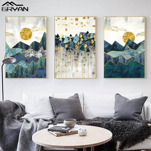 Geometric Nordic Forest Wall Art Abstract Landscape Canvas Painting Sunrise Posters & Prints Sunset Picture Living Bedroom Decor
