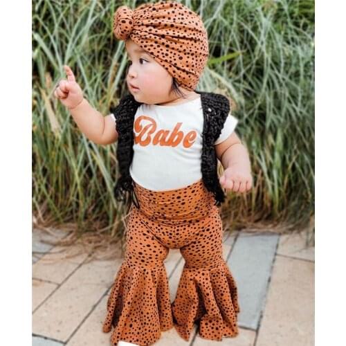 Infant Baby Girls Clothes Set, Short Sleeve O-neck Romper+Dot Print Flared Long Pants+Bow-knot Headband, 0-24Months