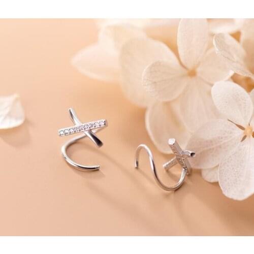 SMALL TINNY Gift 100% Real. 925 Sterling Silver Fine Jewelry CLEAR CZ CZ CROSS "X" Wave TWIST EAR Earrings gtle2914