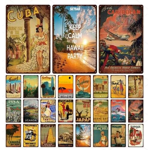 City Landmark Metal Poster Travel Cuba Pisa Hawaii Retro Plate People Animals Tin Sign Plaque Poster for Bar Pub Club Home Decor