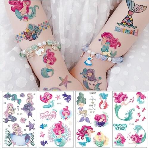 Little Mermaid Tattoo Stickers Happy Birthday Party Decoration For Kids Mermaid Temporary Tattoo Sticker BabyShower Party Supply