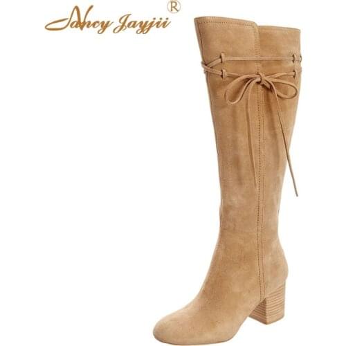 Women’s Flock Office Party Lace Up Knee High Boots 2021 Winter Female Round Toe High Chunky Heels Girl School Zipper Shoes