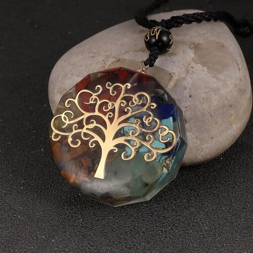 Natural Chips Stone 7 Chakras Tree of life OM Charm Oronge Necklace Healing Reiki Orgonite Energy Epoxy Pendant Pendulum Jewelry