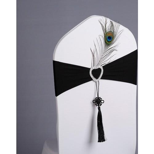 New 100pcs/lot Chinese Classic Knot Stretch Chair Sash Band With Peacock Feather For Hotel Banquet Wedding Party Decoration