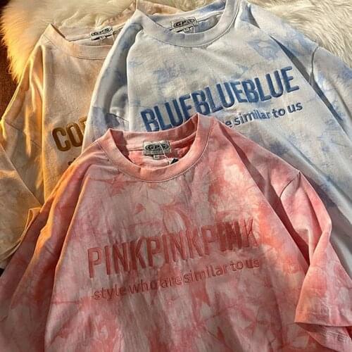 2021 newShort Sleeve T-shirts Women Letter Embroidery Tie Dye plus size Hip Hop Loose Korean Style All-match Students Simple