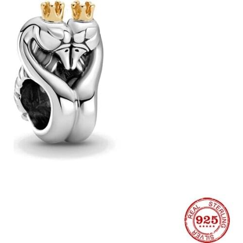 New Original Silver Color Two-tone Swans & Heart Charm diy Bead Fit European Pandora Charms Bracelet Bangles Diy Jewelry P377