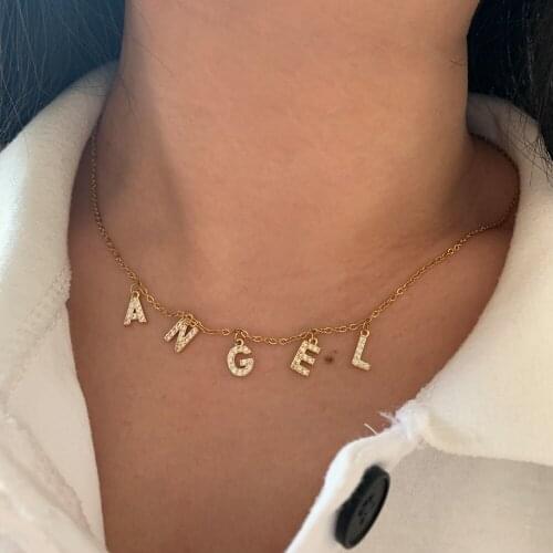 Personalized Small Letters Name Choker Charm Necklace Cute Shinning Micro Pave CZ Alphabet Steel Chain Necklace Collar Jewelry