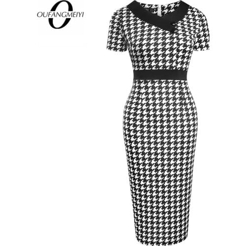 Summer Short Sleeve V Neck Buttons Classic Houndstooth Fashion Retro Office Lady Pencil Dress EB633