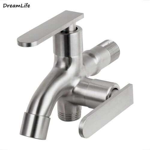 Dual Handle Switch Double Spout Outlet Washing Machine Faucet Stainless Steel Multi-function Faucet Outdoor Garden Water Tap