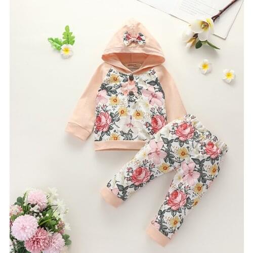 0-24M Newborn Infant Baby Girl Floral Long Sleeve Hooded Tops Leggings Pant Outfits Clothes Set Long Sleeve Fall Winter Clothing