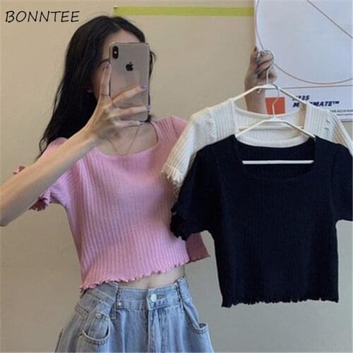 Women T-shirts Solid Square Collar Crop Top Cute Elegant Soft All-match Loose Chic Popular Ulzzang Trendy Leisure Females Summer