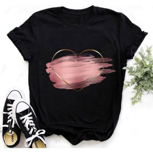 FIXSYS Women Summer Tops Tee Cute Fashion Watercolor Heart Printed Black Female T-Shirt Valentine Lady Clothes Female Tshirt