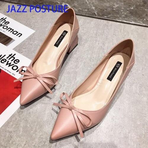 Ladies low heel shoes Spring leather Pointed toe Shoes woman high black Bow Slip on dress Shoes zapatos mujer Ladies z547