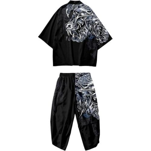 Print Dragon Women Men Shirt Sets Loose Clothes 2PCS Blouse&Pant Kimono Set Japan Samurai Cosplay Costumes Casual Haori Cardigan