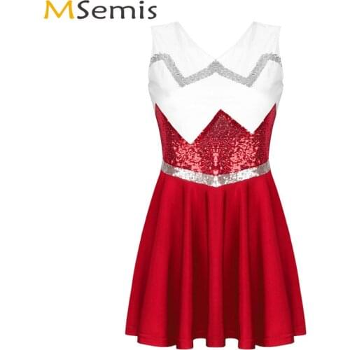 Women Adult Cheerleader Costume Sexy Schoolgirl Mini Dress Erotic Cosplay Uniform Sleeveless Shiny Sequins Flared Dress Clubwear