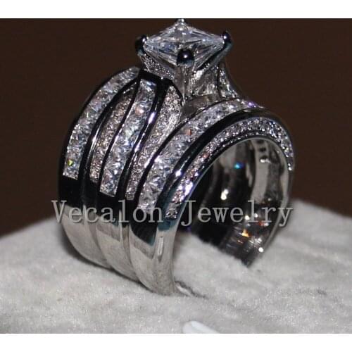 Vecalon Fine Jewelry Princess cut 20ct 5A Zircon cz Wedding Band Ring Set for Women 14KT White Gold Filled Finger ring