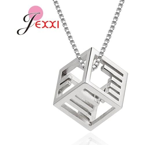 Shiny Paved Crystal Square Cube Box Pendant Necklaces 925 Sterling Silver Chain Jewelry for Women Daily Decoration