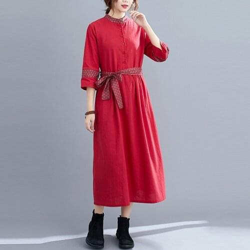 Plus Size Women Cotton Linen Casual Dress New 2021 Spring Vintage Style Stand Collar Loose Ladies A-line Long Dresses S3742