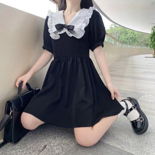 Sweet Cute Retro Doll Collar Puff Sleeve Dress Women Japanese Girl Lolita Dress Kawaii Harajuku Vintage Princess Maid Dress Blac