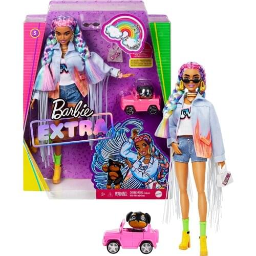 Barbie® Extra Doll #5 in Long-Fringe Denim Jacket with Pet Puppy for Kids 3 Years Old & Up
