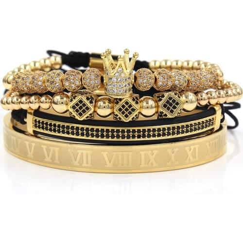 Charm 4PCS/Set copper beads cz pave crown rhombic crystal ball ＆ double row crescent handmade beaded bracelet luxury for unisex