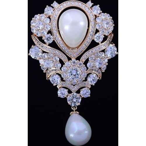 Art Nouveau Antique Micro Pave Cubic Zirconia White Imitated Pearl Dangle Pear-Shaped Brooch Pins for Wedding Jewelry Broche Pin