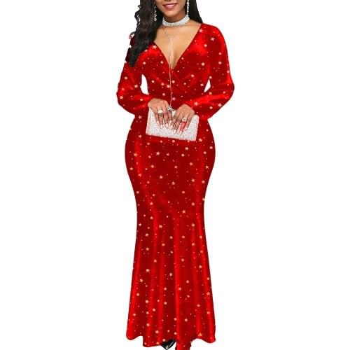 Woman Dress 2021 Spring Elegant Sexy Deep V Neck Banquet Long Party Dress Casual Plus Size Slim Star Print Mermaid Maxi Dresses