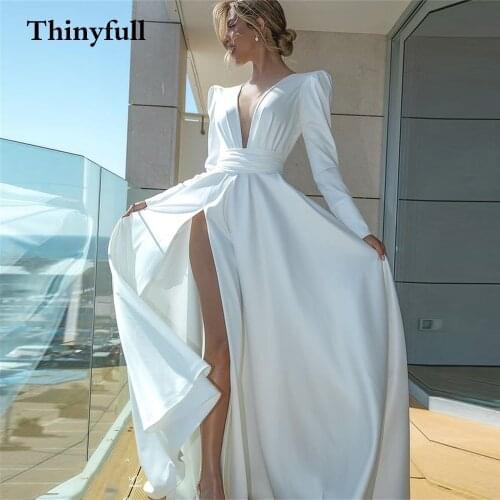 Elegant Soft Satin V Neck Wedding Dresses Long Sleeves A-Line Side Slit Button Vintage Bride Dress Gowns Wedding Robe De Mariee