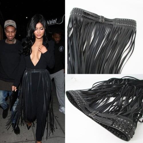 Europe fashion Punk rivet rope long tassel girdle female Black Leather Belt wild for women High Waist Frianged belt