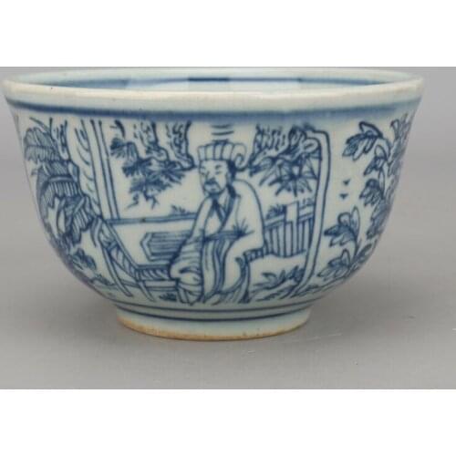 China antique Porcelain Ming wanli blue white hand painting character cup bowl
