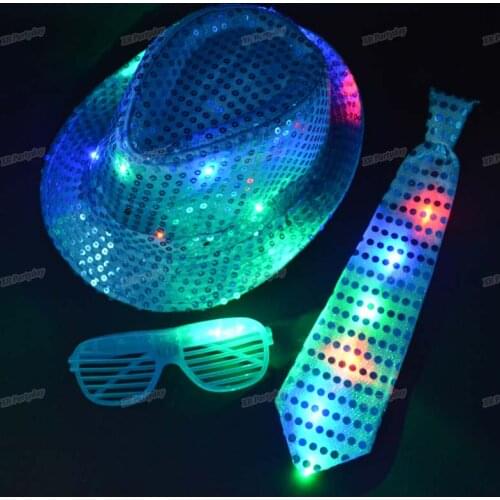 Kids Adult Fedora LED Flashing Sequins Light Jazz Cap Hip Hop Hat Eye Glasses Wear Tie Glowing Party home decor birthday