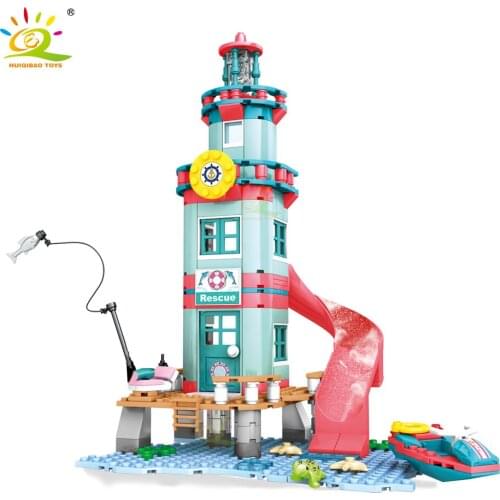 HUIQIBAO 282pcs Seaside Lighthouse Rescue Center Building Blocks Friends Series for Girl Figures City Bricks Set Children Toys