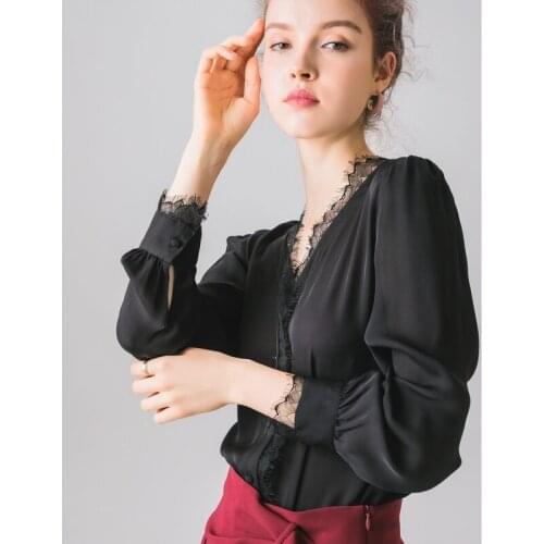 Pure Silk Satin Lace Top Women 95% Mulberry Silk Long Sleeve Blouse M L XL Free Shipping