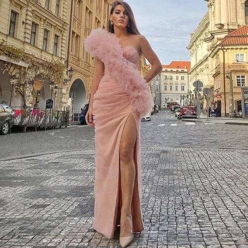 Hot Prom Dresses 2021 Long Sleeves Ruffles Tulle Front Split Sheath Party Evening Dresses Robe De Soiree