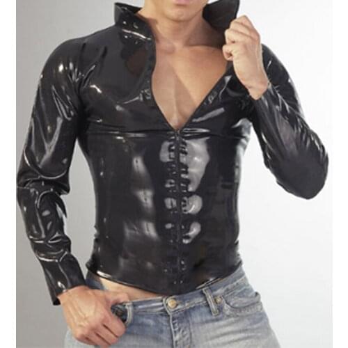 Fashion Black Latex Shirts Men with Front Zipper Sexy Rubber Coat for Man Plus Size Hot Sale