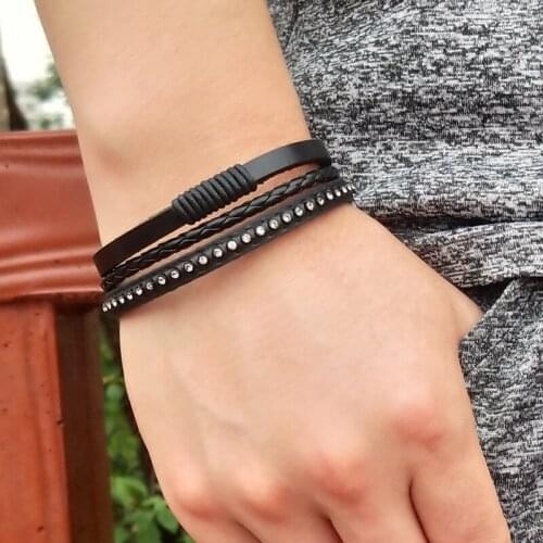 Fashion Leather Bracelet for Men Black Braid Multilayer Rope Chain Stainless Steel Buckle Male Rivets Bracelet Jewelry Gifts