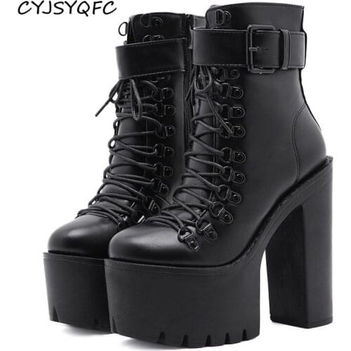 CYJSYQFC Fashion Motorcycle Boots Women Leather Autumn Winter Metal Buckle High Heels Platform Shoes Lace Up Black Ankle Boots