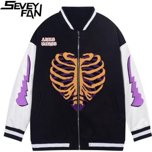 SEVEYFAN Mens Retro Skeleton Skull Towel Embroidery Baseball Jacket Vibe PU Leather Patchwork Coat for Couples