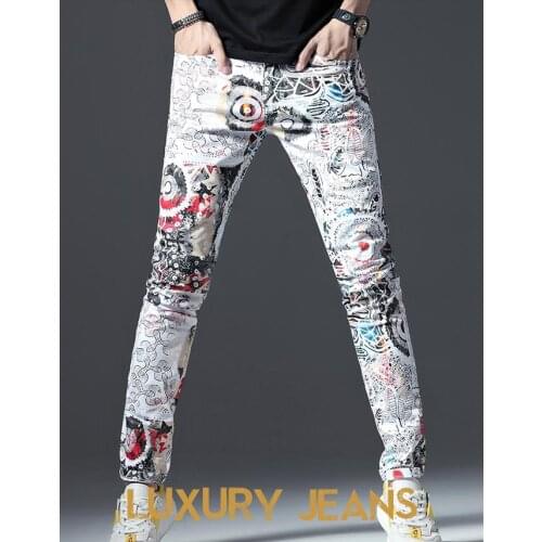 Mens Fashion New Graffiti Printed Slim Jeans White Floral Paiting Stretch Cotton Pants Casual Trousers
