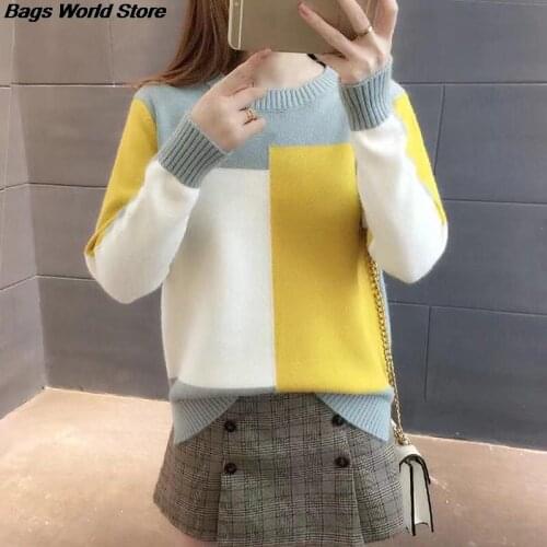 New Fashion Women Winter Sweater Autumn Patchwork Knitted Long Sleeve Pullover Female Tricot Jumper Pull Femme