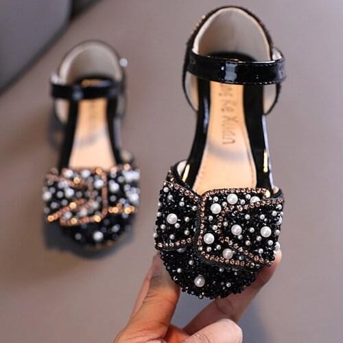 New Childrens Shoes Pearl Rhinestones Shining Kids Princess Shoes Baby Girls Shoes Party and Wedding Sandals Ankle Strap Shoes
