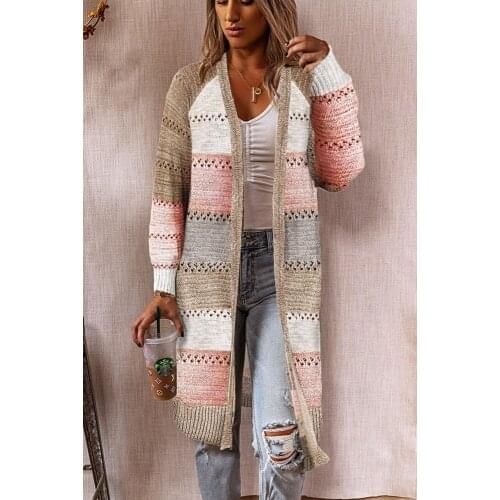 New Cardigan Coat Womens Color Block Striped Sweater Casual Long Women Warm Sweater Knitted Female Loose Sweater Winter