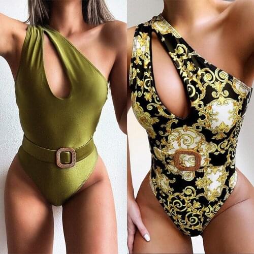 New Hollow Solid Sexy One-shoulder One Piece Swimsuit Women Print Swimwear High Quality Beachwear Bikinis Swimming Bathing Suit