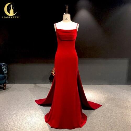 Rhine Real picture red spaghetti straps velvet sheath mermaid dress women evening dress long formal dresses